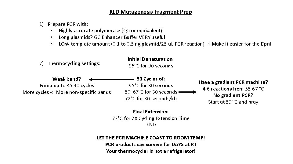 KLD Mutagenesis Fragment Prep 1) Prepare PCR with: • Highly accurate polymerase (Q 5