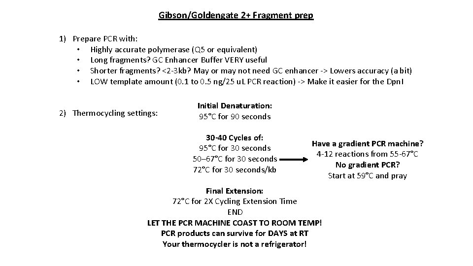 Gibson/Goldengate 2+ Fragment prep 1) Prepare PCR with: • Highly accurate polymerase (Q 5
