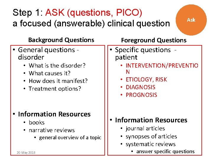 Step 1: ASK (questions, PICO) a focused (answerable) clinical question Background Questions • General