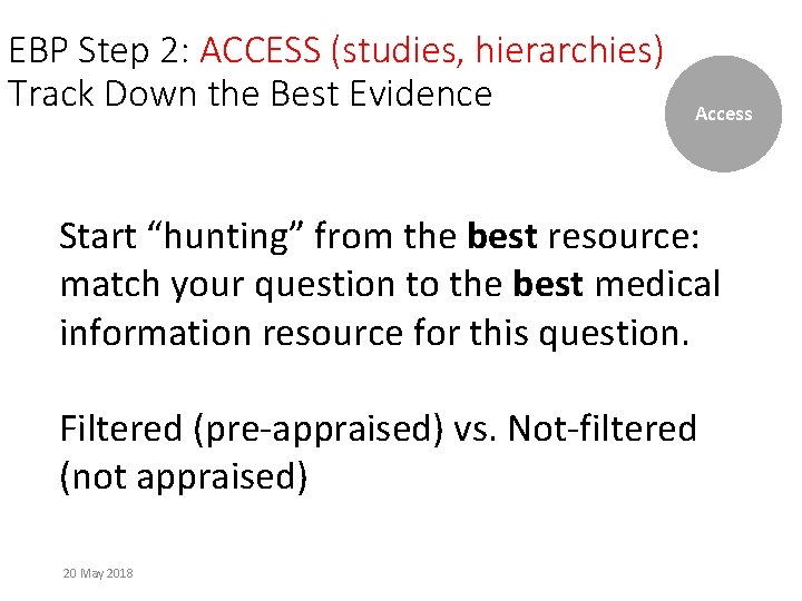 EBP Step 2: ACCESS (studies, hierarchies) Track Down the Best Evidence Access Start “hunting”