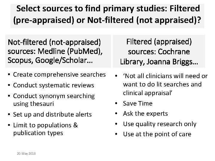 Select sources to find primary studies: Filtered (pre-appraised) or Not-filtered (not appraised)? Not-filtered (not-appraised)