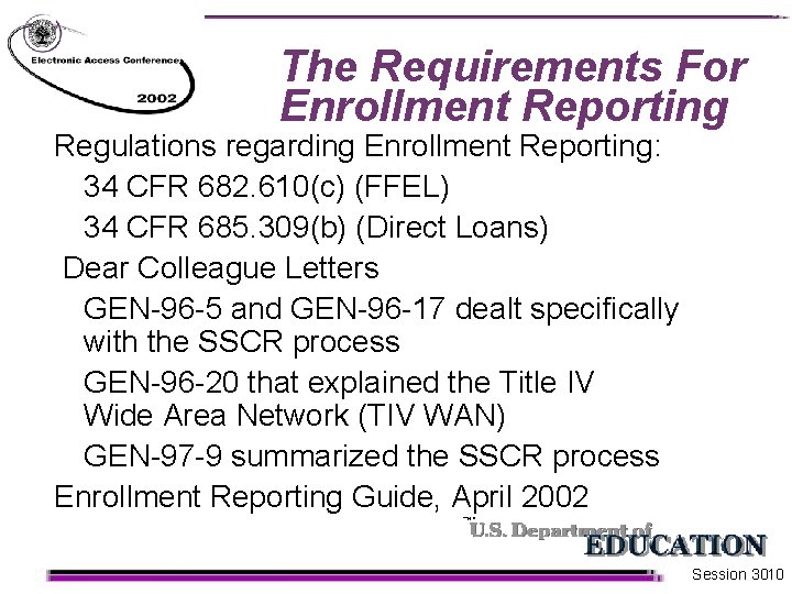 The Requirements For Enrollment Reporting Regulations regarding Enrollment Reporting: 34 CFR 682. 610(c) (FFEL)