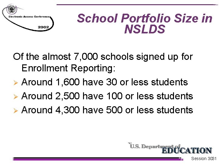 School Portfolio Size in NSLDS Of the almost 7, 000 schools signed up for