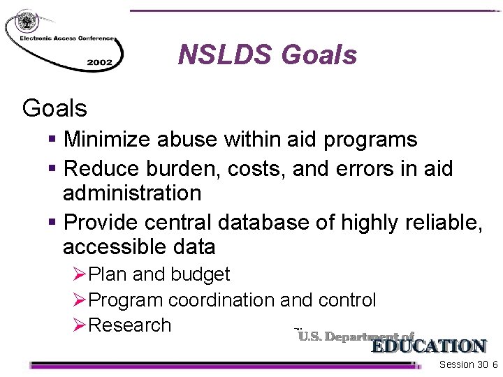 NSLDS Goals § Minimize abuse within aid programs § Reduce burden, costs, and errors