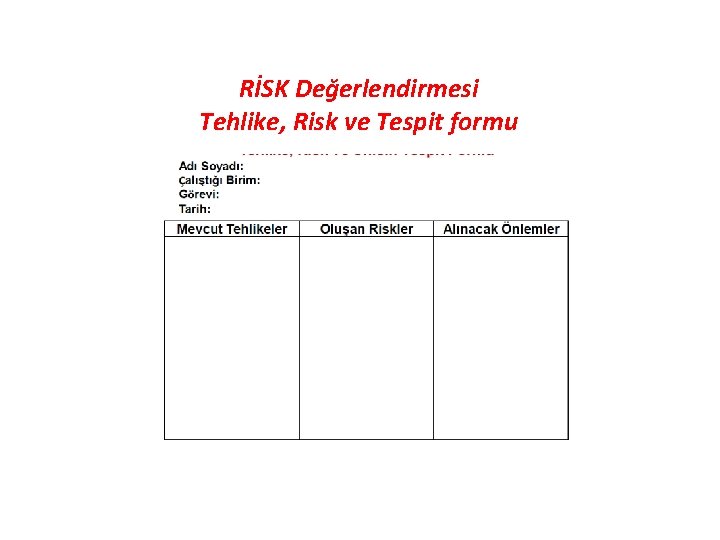 RİSK Değerlendirmesi Tehlike, Risk ve Tespit formu 