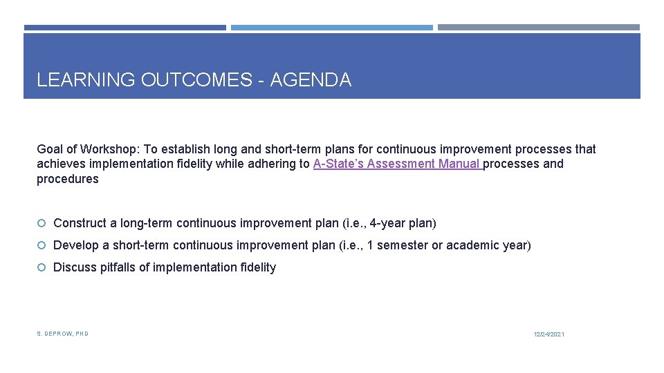 LEARNING OUTCOMES - AGENDA Goal of Workshop: To establish long and short-term plans for