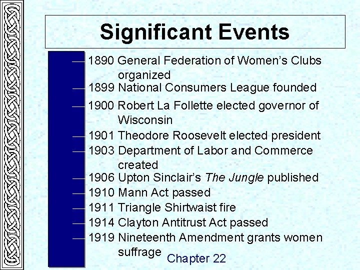 Significant Events 1890 General Federation of Women’s Clubs organized 1899 National Consumers League founded