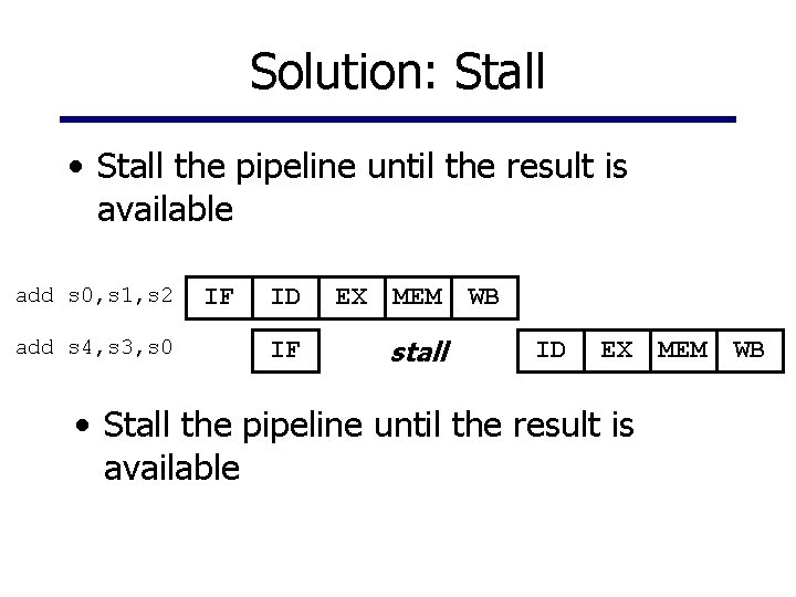 Solution: Stall • Stall the pipeline until the result is available add s 0,
