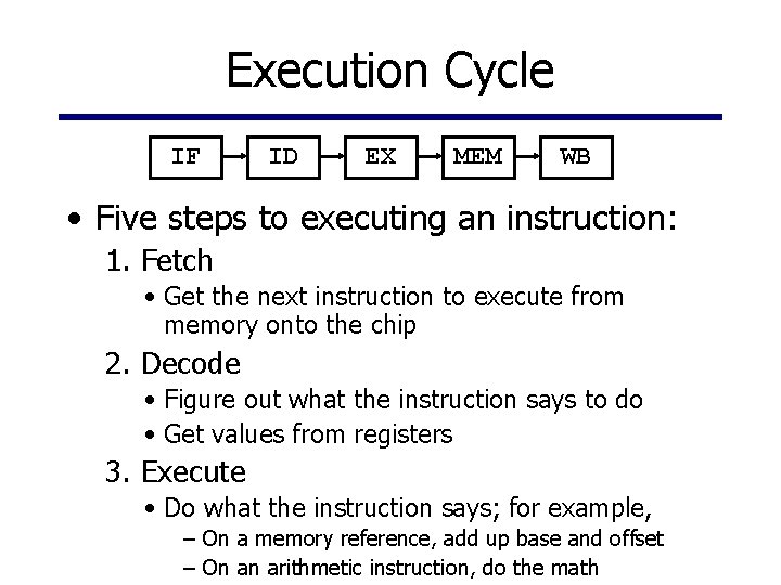 Execution Cycle IF ID EX MEM WB • Five steps to executing an instruction: