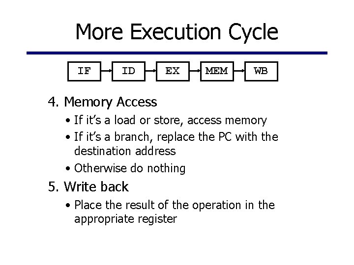 More Execution Cycle IF ID EX MEM WB 4. Memory Access • If it’s