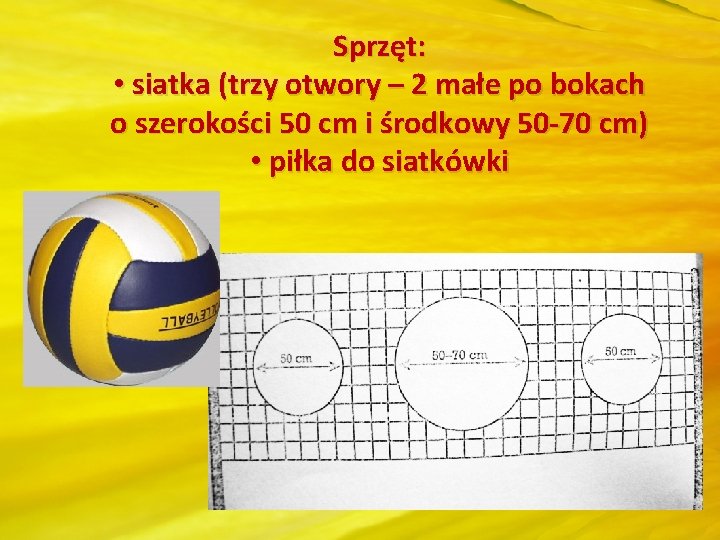 Sprzęt: • siatka (trzy otwory – 2 małe po bokach o szerokości 50 cm