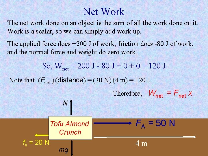 Net Work The net work done on an object is the sum of all Net Work The net work done on an object is the sum of all