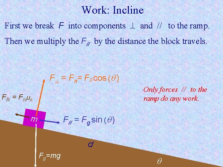 Work: Incline First we break F into components and // to the ramp. Then Work: Incline First we break F into components and // to the ramp. Then