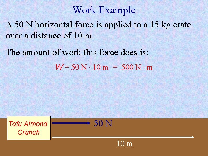 Work Example A 50 N horizontal force is applied to a 15 kg crate Work Example A 50 N horizontal force is applied to a 15 kg crate