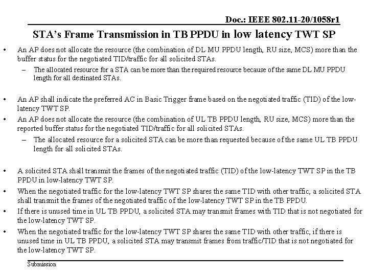 Doc. : IEEE 802. 11 -20/1058 r 1 STA’s Frame Transmission in TB PPDU