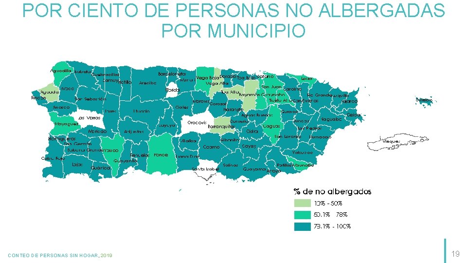 POR CIENTO DE PERSONAS NO ALBERGADAS POR MUNICIPIO CONTEO DE PERSONAS SIN HOGAR, 2019