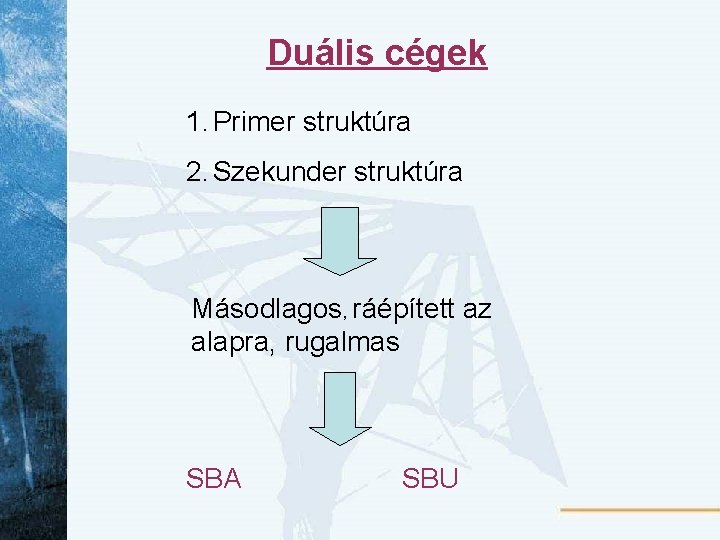 Duális cégek 1. Primer struktúra 2. Szekunder struktúra Másodlagos, ráépített az alapra, rugalmas SBA