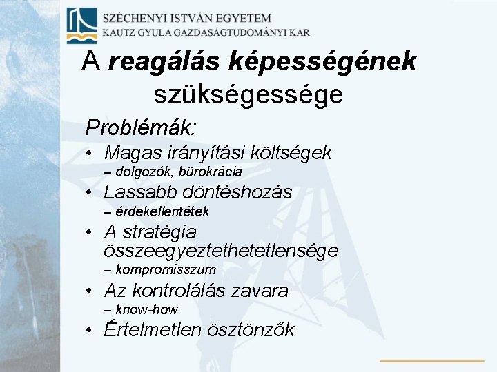 A reagálás képességének szükségessége Problémák: • Magas irányítási költségek – dolgozók, bürokrácia • Lassabb