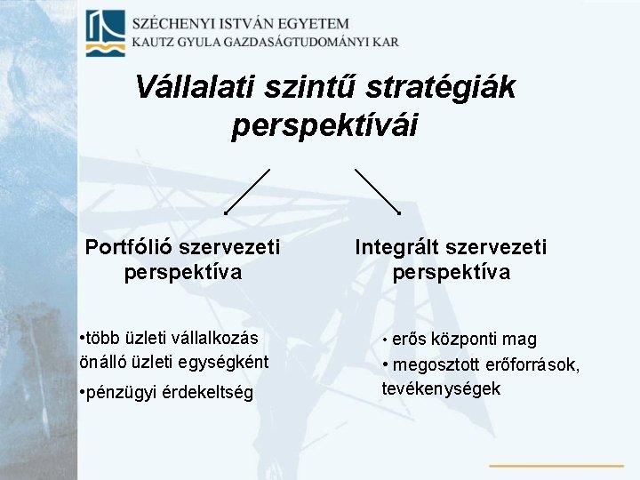 Vállalati szintű stratégiák perspektívái Portfólió szervezeti perspektíva • több üzleti vállalkozás önálló üzleti egységként