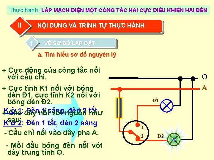 Thực hành: LẮP MẠCH ĐIỆN MỘT CÔNG TẮC HAI CỰC ĐIỀU KHIỂN HAI ĐÈN