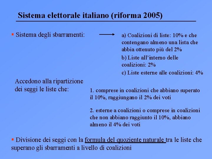 Sistema elettorale italiano (riforma 2005) § Sistema degli sbarramenti: Accedono alla ripartizione dei seggi