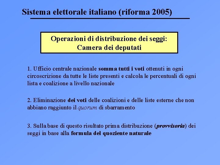 Sistema elettorale italiano (riforma 2005) Operazioni di distribuzione dei seggi: Camera dei deputati 1.