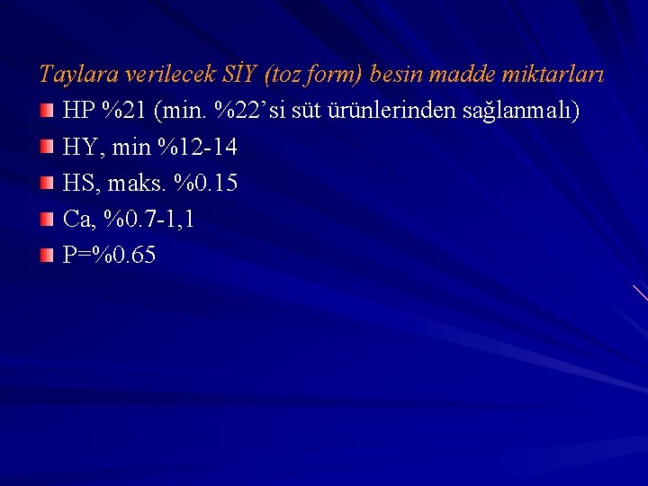 Taylara verilecek SİY (toz form) besin madde miktarları HP %21 (min. %22’si süt ürünlerinden