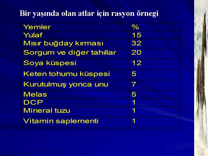 Bir yaşında olan atlar için rasyon örnegi 