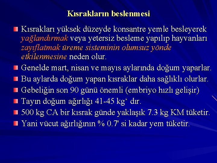 Kısrakların beslenmesi Kısrakları yüksek düzeyde konsantre yemle besleyerek yağlandırmak veya yetersiz besleme yapılıp hayvanları