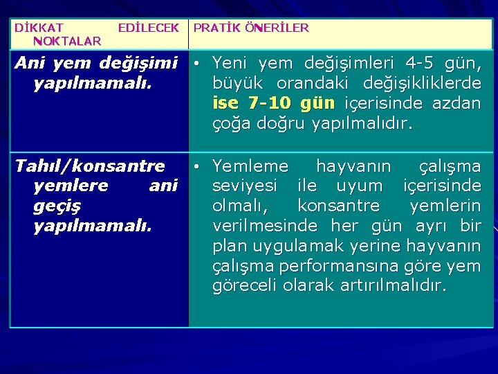 DİKKAT NOKTALAR EDİLECEK PRATİK ÖNERİLER Ani yem değişimi • Yeni yem değişimleri 4 -5