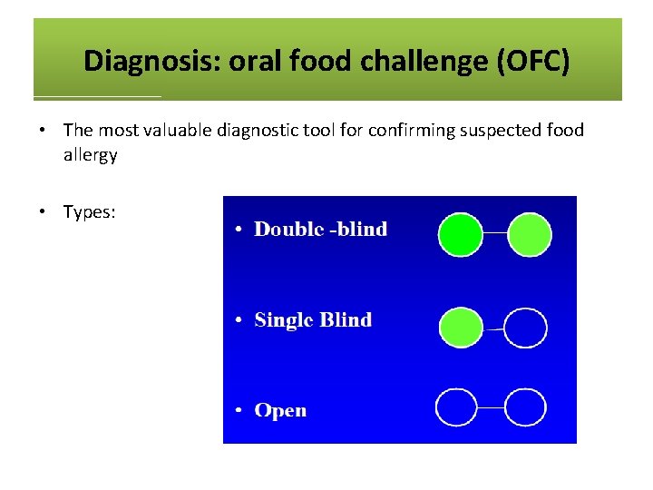 Diagnosis: oral food challenge (OFC) • The most valuable diagnostic tool for confirming suspected