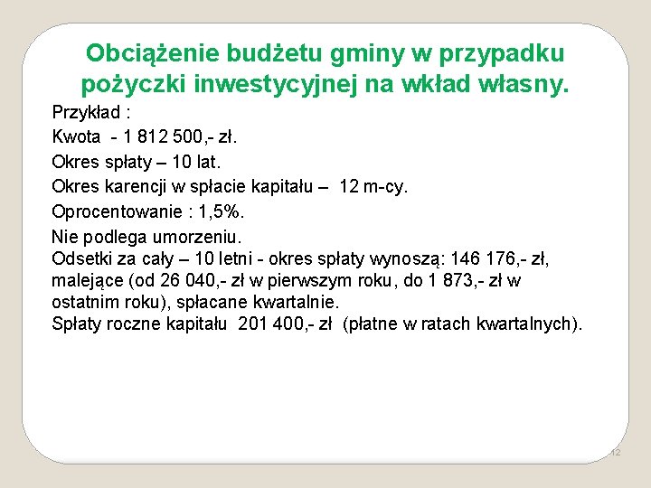 Obciążenie budżetu gminy w przypadku pożyczki inwestycyjnej na wkład własny. Przykład : Kwota -