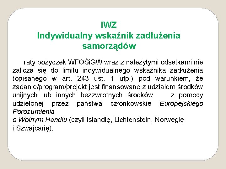 IWZ Indywidualny wskaźnik zadłużenia samorządów raty pożyczek WFOŚi. GW wraz z należytymi odsetkami nie