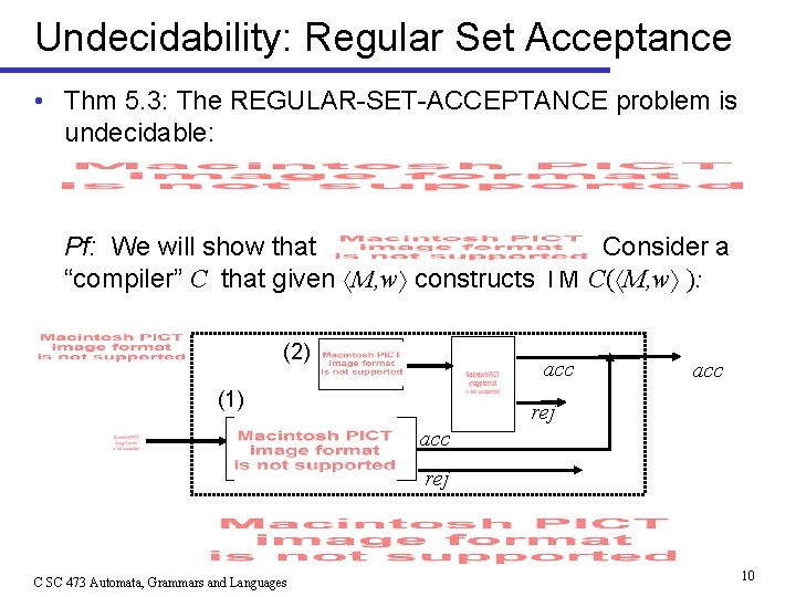 Undecidability: Regular Set Acceptance • Thm 5. 3: The REGULAR-SET-ACCEPTANCE problem is undecidable: Pf: