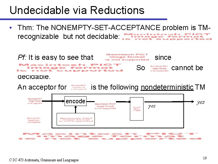 Undecidable via Reductions • Thm: The NONEMPTY-SET-ACCEPTANCE problem is TMrecognizable but not decidable: Pf: