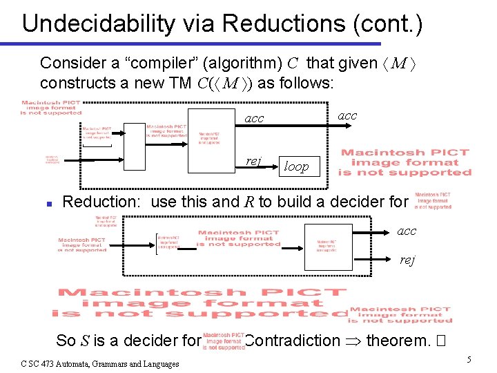 Undecidability via Reductions (cont. ) Consider a “compiler” (algorithm) C that given M constructs