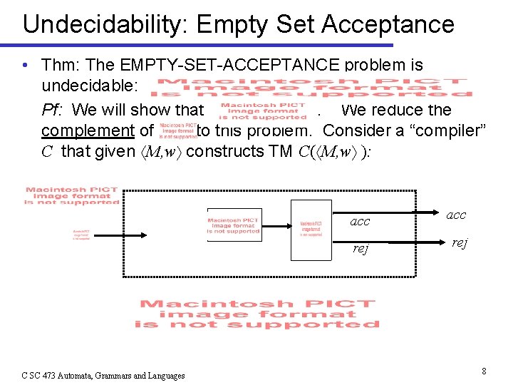 Undecidability: Empty Set Acceptance • Thm: The EMPTY-SET-ACCEPTANCE problem is undecidable: Pf: We will