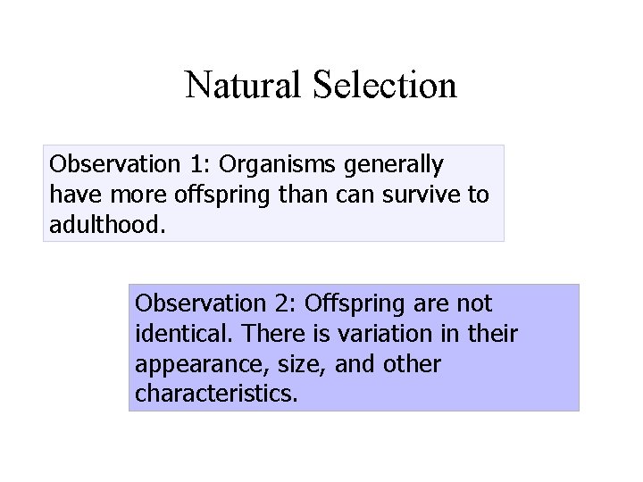 Natural Selection Observation 1: Organisms generally have more offspring than can survive to adulthood.