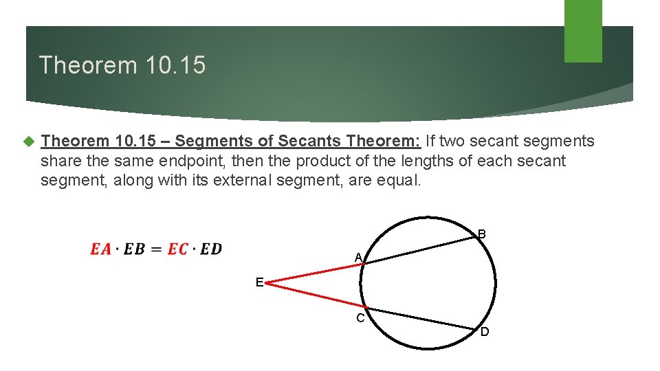 Theorem 10. 15 – Segments of Secants Theorem: If two secant segments share the