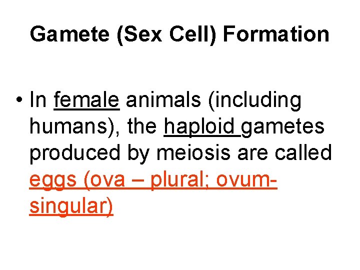 Gamete (Sex Cell) Formation • In female animals (including humans), the haploid gametes produced