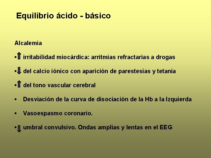 Equilibrio ácido - básico Alcalemia • irritabilidad miocárdica: arritmias refractarias a drogas • del Equilibrio ácido - básico Alcalemia • irritabilidad miocárdica: arritmias refractarias a drogas • del