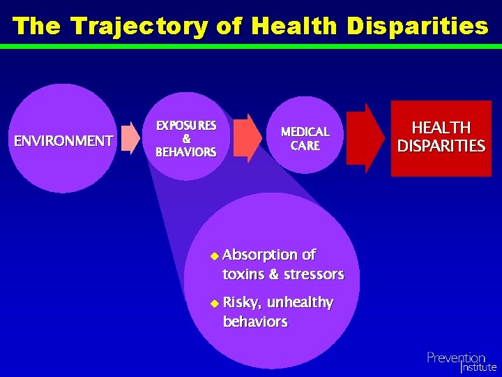 The Trajectory of Health Disparities ENVIRONMENT EXPOSURES & BEHAVIORS MEDICAL CARE u Absorption of