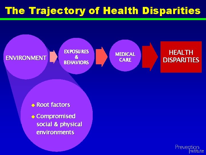 The Trajectory of Health Disparities ENVIRONMENT u Root EXPOSURES & BEHAVIORS factors u Compromised