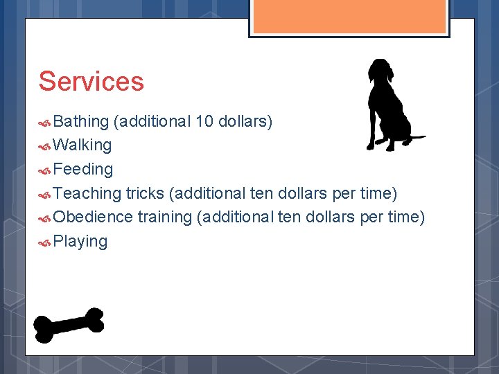 Services Bathing (additional 10 dollars) Walking Feeding Teaching tricks (additional ten dollars per time)