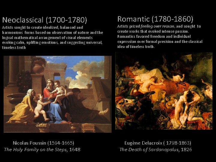 Neoclassical (1700 -1780) Artists sought to create idealized, balanced and harmonious forms based on