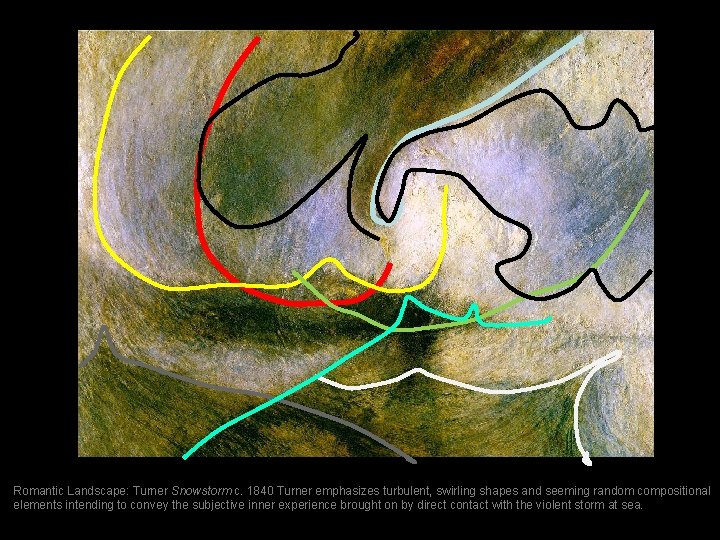 Romantic Landscape: Turner Snowstorm c. 1840 Turner emphasizes turbulent, swirling shapes and seeming random