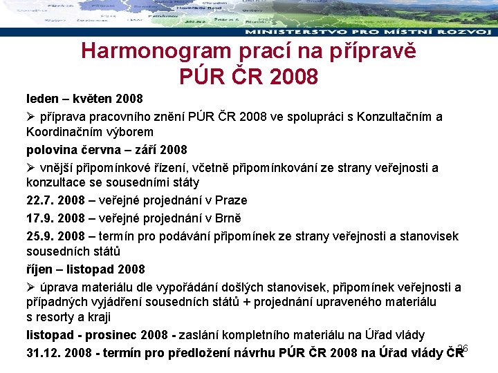 Harmonogram prací na přípravě PÚR ČR 2008 leden – květen 2008 Ø příprava pracovního