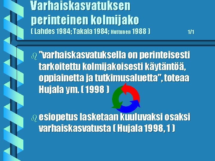 Varhaiskasvatuksen perinteinen kolmijako ( Lahdes 1984; Takala 1984; Huttunen 1988 ) 1/1 b ”varhaiskasvatuksella