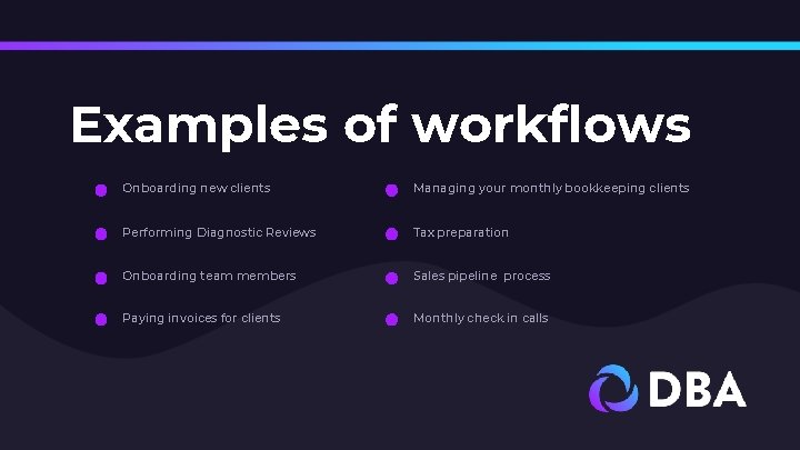 Examples of workflows Onboarding new clients Managing your monthly bookkeeping clients Performing Diagnostic Reviews