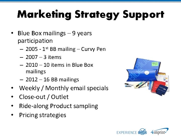 Marketing Strategy Support • Blue Box mailings – 9 years participation – 2005 -